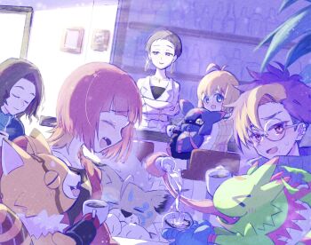 2girls 3boys bar_(place) bar_stool bare_shoulders bat_(animal) black_hair black_shirt blonde_hair blue_eyes blue_hair blue_jacket bottle chiropmon closed_eyes coffee coffee_mug cougar cougarmon counter crossed_arms cup digimon digimon_(creature) digimon_beatbreak drinking_glass earclip earrings ebiebionigiri everyone fangs gecko gekkomon glasses highres holding holding_cup holding_digimon hoop_earrings indoors jacket jewelry kuonji_makoto kutsuwada_maki light_particles light_rays long_hair long_tongue milk milk_bottle mug multicolored_hair multiple_boys multiple_girls open_clothes open_jacket open_mouth orange_hair plaid_clothes plaid_jacket plant pouring prehensile_tongue pristimon purple_eyes red_hair red_jacket round_eyewear sakuya_reina sawashiro_kyo shelf shirt short_hair sleeping smelling smile star_(symbol) steam stool stuffed_toy tenma_tomoro tongue tongue_out two-tone_hair very_long_tongue vest white_jacket white_shirt yellow_vest