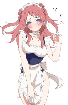 1girl absurdres apron blue_eyes blue_leotard blush breasts choker cleavage closed_mouth commentary_request cowboy_shot gakuen_idolmaster hanami_saki highres idolmaster leotard long_hair maid_headdress medium_breasts pink_hair simple_background solo two_side_up urishima waist_apron white_background white_choker