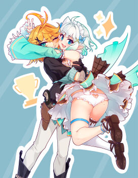 Rule 34 | 2girls, :d, ahoge, antenna hair, aqua eyes, aqua hair, aqua nails, ass, ass cutout, bare shoulders, black boots, black gloves, black shirt, blonde hair, blue bow, blue eyes, boots, bow, butt crack, clothing cutout, commentary, detached sleeves, dokibird, dokibird (bounty hunter), fang, frilled panties, frilled sleeves, frills, gloves, gradient hair, grin, gun, hair between eyes, hair bow, hair intakes, hair ornament, handgun, heart cutout, highres, holster, hug, indie virtual youtuber, long sleeves, looking at viewer, maid headdress, mint fantome, mint fantome (minto 2.0), mole, mole on ass, mole on thigh, multicolored hair, multiple girls, nail polish, one eye closed, open mouth, outline, panties, pants, paw print soles, pointy ears, revolver, ricegnat, shirt, short hair, simple background, single sock, single thighhigh, skin fang, smile, socks, sparkle, untranslatable commentary, thigh strap, thighhighs, underwear, upskirt, v, virtual youtuber, weapon, white hair, white outline, white panties