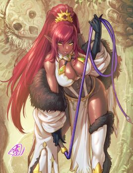 1girl bent_over black_gloves breasts cleavage_cutout clothing_cutout dark-skinned_female dark_elf dark_skin dress elbow_gloves elf ephyra_drakaina_(zahylon) fujii_eishun fur_trim gloves highres large_breasts leaning_forward looking_at_viewer monkey original pointy_ears red_hair thighs tongue tongue_out whip yellow_eyes