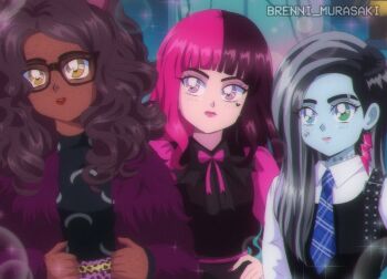 1990s_(style) 3girls black_hair brenni_murasaki clawdeen_wolf colored_skin draculaura earrings frankie_stein glasses jewelry long_hair looking_at_viewer monster_high monster_high_(g3) multicolored_hair multiple_girls pink_eyes pink_hair pointy_ears retro_artstyle shirt vampire