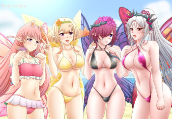 4girls amezuku artist_name bare_legs beach bikini bikini_skirt black_bikini blonde_hair blue_eyes blush breasts cleavage fairy fairy_wings female_focus fire_emblem fire_emblem_heroes flower frilled_bikini frills gradient_hair grey_hair hair_flower hair_ornament hair_over_one_eye highleg highleg_bikini large_breasts long_hair looking_at_viewer micro_bikini midriff mirabilis_(fire_emblem) multicolored_hair multiple_girls navel nintendo ocean one_eye_covered orange_hair peony_(fire_emblem) pink_bikini pink_hair plumeria_(fire_emblem) pointy_ears ponytail purple_bikini purple_eyes purple_hair red_eyes short_hair sideboob skindentation small_breasts smile standing swimsuit tattoo thighs triandra_(fire_emblem) twitter_username underboob v wide_hips wings yellow_bikini