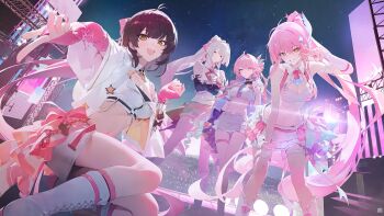 4girls absurdres aemeath_(wuthering_waves) crossed_arms denia_(wuthering_waves) female_rover_(wuthering_waves) highres hiyuki_(wuthering_waves) leaning_forward looking_at_viewer modare multiple_girls nail_polish night official_art outdoors pink_hair rover_(wuthering_waves) shorts third-party_source v wuthering_waves
