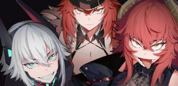 3girls aqua_eyes black_hat breasts cleavage closed_mouth dragon_girl dragon_horns dual_persona fur-trimmed_jacket fur_trim hat highres horns indie_virtual_youtuber jacket kuroi_enpitsu large_breasts long_hair looking_at_viewer medium_hair military_hat military_jacket multiple_girls open_mouth sidelocks smile tongue tongue_out virtual_youtuber yellow_eyes zentreya zentreya_(commander) zentreya_(cyborg) zentreya_(cyborg)_(1st_costume) zentreya_(dragon) zentreya_(dragon)_(metalheads)