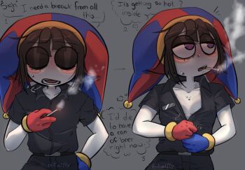 1girl asymmetrical_gloves black_pants black_shirt blue_eyes blue_gloves blue_hat blush breasts brown_hair cigarette closed_eyes collarbone colored_skin commentary english_commentary english_text gloves grey_background hand_on_own_hip hat high_collar highres holding holding_cigarette jester_cap looking_to_the_side medium_hair multicolored_eyes multiple_views open_mouth pants partially_open_shirt partially_unbuttoned pomni_(the_amazing_digital_circus) red_eyes red_gloves red_hat shirt short_sleeves simple_background small_breasts smoke smoking solo speech_bubble sweat sweatdrop the_amazing_digital_circus thought_bubble turning_head two-tone_eyes two-tone_hat unbuttoning upper_body white_skin yess_katfly