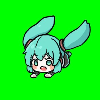 &gt;_&lt; 1girl animated animated_gif black_skirt blush chibi closed_eyes green_eyes hair_ornament hatsune_miku long_hair open_mouth rolling simple_background skirt solo twintails uranium10 very_long_hair vocaloid white_background