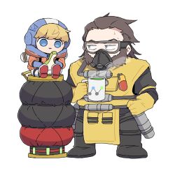 Rule 34 | 1boy, 1girl, animification, apex legends, blonde hair, blue bodysuit, blue eyes, bodysuit, brown hair, caustic (apex legends), chibi, cup, facial scar, gas mask, gloves, hair slicked back, hazmat suit, highres, holding, holding cup, holding stuffed toy, hood, hood down, hood up, hooded jacket, jacket, looking down, looking to the side, mask, mug, nessie (respawn), nojima minami, open mouth, orange jacket, ribbed bodysuit, scar, scar on cheek, scar on face, sitting, smile, stuffed toy, wattson (apex legends), white background, white bodysuit, yellow gloves
