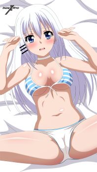 1girl absurdres bed blue_eyes blush breasts cameltoe date_a_live embarrassed highres indexryo large_breasts long_hair short_hair swimsuit tobiichi_origami white_hair