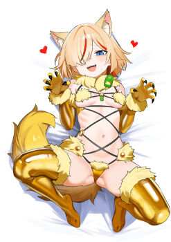 1girl absurdres alternate_color animal_ears blonde_hair breasts claw_pose cosplay fake_claws fangs fate/grand_order fate_(series) fur-trimmed_gloves fur-trimmed_thighhighs fur_bikini fur_trim gloves gold_gloves gold_thighhighs highres lace lace-trimmed_thighhighs lace_trim looking_at_viewer lying mash_kyrielight mash_kyrielight_(dangerous_beast) mash_kyrielight_(dangerous_beast)_(cosplay) navel on_back open_mouth original red_hair red_streaks shenqi_xiaohuang short_hair small_breasts smile solo spread_legs stomach sweat tail thighhighs thighs underboob wolf_ears wolf_tail
