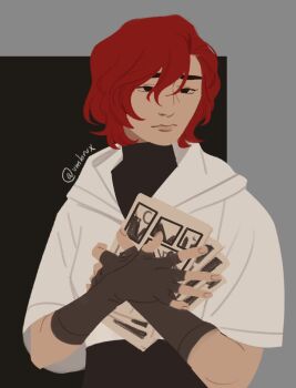 1girl asuka_ren black_eyes black_gloves black_shirt commentary english_commentary fingerless_gloves gloves highres hood hood_down hugging_object jacket looking_at_viewer no_lineart omniscient_reader&#039;s_viewpoint paper red_hair shirt short_hair solo umbrvx upper_body white_jacket worried