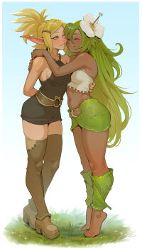 2girls ^_^ amalia_sheran_sharm barefoot black_dress blonde_hair blue_background breasts brown_shoes cheshirrr closed_eyes closed_mouth commentary cra_(wakfu) dark-skinned_female dark_skin dress english_commentary evangelyne_(wakfu) flower freckles full_body gradient_background grass green_eyes green_hair hair_flower hair_ornament highres long_hair long_pointy_ears medium_breasts multiple_girls one_eye_closed pointy_ears shoes short_hair sleeveless sleeveless_dress smile toes very_long_hair wakfu white_flower