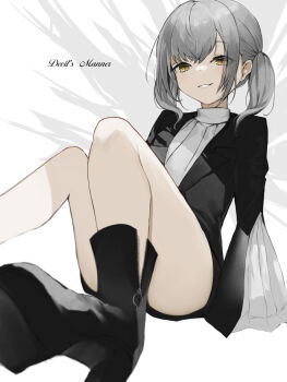 1girl azusawa_kohane commentary_request highres kokonotsu_9 project_sekai seductive_smile short_shorts short_twintails shorts sitting smile thighs twintails