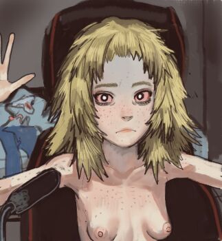 1girl blonde_hair blood blood_on_clothes bloodshot_eyes blurry blurry_background body_freckles breasts coomer_(meme) coomer_(mossacannibalis) freckles frown looking_at_viewer meme messy_hair mossacannibalis nipples nude original small_breasts
