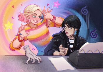 2girls the_addams_family black_hair black_hoodie black_nails black_shirt blonde_hair blue_eyes blue_hair bracelet enid_sinclair hood hoodie jewelry looking_at_another luztapiaart multicolored_hair multicolored_nails multicolored_shirt multiple_girls open_clothes open_hoodie pink_hair pink_shirt severed_hand shirt star_(symbol) striped_clothes striped_shirt thing_(the_addams_family) two-tone_shirt wednesday_(netflix) wednesday_addams white_shirt yellow_shirt