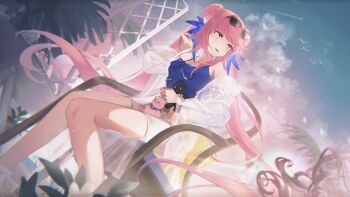 Rule 34 | 1girl, :d, absurdres, arknights, bare shoulders, blue camisole, blue sky, camisole, ceylon (arknights), ceylon (holiday) (arknights), cloud, cloudy sky, commentary request, day, dutch angle, eyewear on head, feet out of frame, highres, jacket, knees together feet apart, legs, long hair, looking to the side, open clothes, open jacket, open mouth, outdoors, palm tree, pink hair, see-through clothes, short shorts, shorts, sky, smile, solo, stuffed animal, stuffed toy, sunglasses, teddy bear, tree, very long hair, white jacket, white shorts, yellow eyes, yunnasu