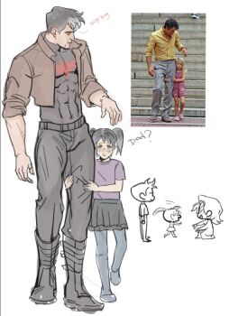 1girl akuchi_2 bat_signal batman_(series) batman_symbol black_bodysuit black_hair blue_eyes bodysuit brown_jacket dc_comics grey_bodysuit jacket jason_todd multicolored_bodysuit multicolored_hair multiple_boys muscular muscular_male open_clothes pants photo-referenced red_hood_(dc) red_hood_and_the_outlaws roy_harper short_hair superhero_costume taut_bodysuit two-tone_bodysuit