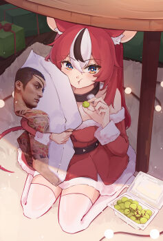 1girl absurdres alternate_costume animal_ear_fluff animal_ears belt black_hair black_streaks blue_eyes blush breasts carpet cheek_bulge christmas_present collar commentary dakimakura_(object) double-parted_bangs dress eating food fruit fur-trimmed_dress fur-trimmed_sleeves fur_trim gift grapes hair_between_eyes hair_down hakos_baelz highres holding holding_grape holding_pillow hololive hololive_english iennie long_hair looking_at_viewer majima_goro medium_breasts mouse_ears mouse_tail multicolored_hair pillow red_hair santa_costume shadow sitting spiked_collar spikes string_of_light_bulbs table tail thighhighs thighs under_table virtual_youtuber wariza white_hair white_thighhighs zettai_ryouiki