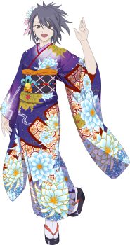 Rule 34 | 1girl, artist request, black hair, brown eyes, fujibayashi sheena, full body, game cg, high ponytail, highres, japanese clothes, kimono, looking at viewer, medium hair, official alternate costume, official art, open mouth, ponytail, purple kimono, sandals, smile, solo, standing, tales of (series), tales of asteria, tales of symphonia, third-party source, transparent background