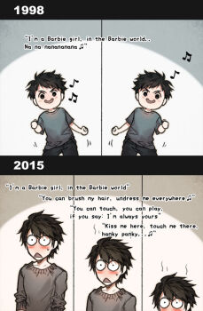 10s 1990s_(style) 1998 1boy 2015 2koma artist_self-insert beamed_quavers black_hair blush child comic commentary dancing english_text image_sample kawacy lyrics musical_note o_o original quaver real_life_insert smile sweatdrop aged_down