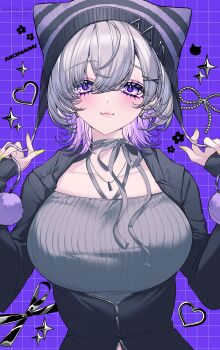 1girl absurdres animal_ears animal_hat beanie black_jacket breasts closed_mouth collarbone colored_inner_hair commentary_request earbuds earphones fake_animal_ears green_nails grey_hair grey_sweater grid_background hair_between_eyes hands_up hat highres jacket knit_hat large_breasts long_sleeves multicolored_hair nail_polish neko-san_(dim.dream) original pink_hair purple_background purple_eyes ribbed_sweater sleeves_past_wrists smile solo striped_hat sweater two-tone_hair upper_body wolf_cut