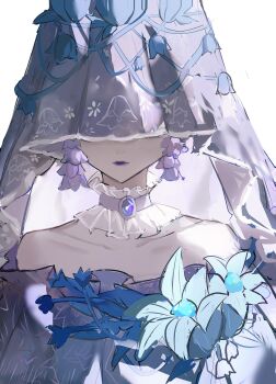 Rule 34 | 1girl, anlingennny, blue flower, chinese commentary, choker, commentary request, earrings, flower, frilled choker, frills, highres, identity v, jewelry, melly plinius, melly plinius (ghost candle), off shoulder, official alternate costume, portrait, purple choker, purple flower, purple lips, purple theme, solo, veil over eyes