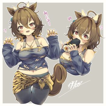 1girl ? absurdres agnes_tachyon_(umamusume) ahoge animal_ears black_pantyhose black_shirt black_shorts blush border breasts brown_hair brown_tail claw_pose cleavage commentary_request eating ehoumaki fake_horns fingernails food food_in_mouth hair_between_eyes hands_up highres holding holding_food horns horse_ears horse_girl jewelry large_breasts long_hair_between_eyes long_sleeves looking_at_viewer makizushi multiple_views nail_polish necklace off-shoulder_shirt off_shoulder outline outside_border pantyhose pantyhose_under_shorts red_eyes sarong setsubun shirt short_hair short_shorts shorts sleeves_past_wrists sushi torn_clothes torn_shirt translation_request umamusume white_border white_horns white_outline woruta_(soloistlist) yellow_nails yellow_sarong