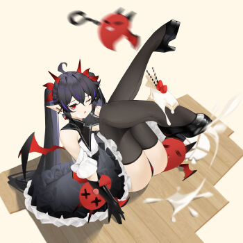 absurdres bai_yao_(user_ygua7252) bare_shoulders black_dress black_gloves black_hair black_thighhighs cake commentary demon_wings dress food gloves highres legs_up long_hair looking_at_viewer one_eye_closed open_mouth original panties pointy_ears red_eyes sitting thighhighs thighs underwear wings
