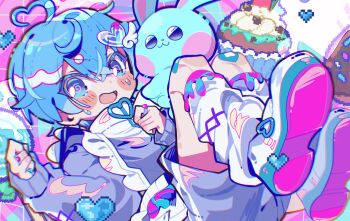 1boy @_@ ahoge bandaid bandaid_on_knee bandaid_on_leg blue_eyes blue_hair blue_jacket blue_shorts blush blush_stickers colon_(stpri) floating hair_between_eyes hair_ornament heart heart_ahoge heart_hair_ornament heart_zipper high_collar highres jacket jersey_maid jewelry leg_warmers looking_at_viewer maid male_focus multiple_rings open_mouth pitupituta ring short_hair shorts solo strawberry_prince stuffed_animal stuffed_rabbit stuffed_toy sweatdrop tongue unconventional_maid