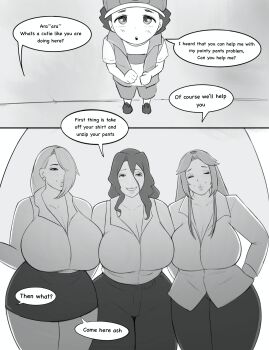 1boy 2koma 3girls absurdres age_difference ash_ketchum comic english_text hannyasan highres imminent_penetration monochrome multiple_girls nintendo pokemon shota size_difference speech_bubble thick_thighs thighs wide_hips