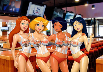 4girls :d absurdres alex_(totally_spies) aqua_eyes bar_(place) bar_stool bare_legs black_hair blonde_hair blue_eyes blue_hair blurry blurry_background breasts britney_(totally_spies) brown_eyes buruma cleavage clover_(totally_spies) collarbone counter drew_gardner hand_on_another's_ass hand_on_another's_shoulder highres hooters hootie_the_owl_(hooters) indoors large_breasts long_hair looking_at_viewer medium_hair midriff multiple_girls navel_peek no_legwear open_mouth orange_hair photo_background purple_eyes sam_(totally_spies) see-through_clothes shiny_skin shirt signature skin_tight sleeveless sleeveless_shirt smile standing stool sweat sweaty_clothes tan tank_top taut_clothes teeth television third-party_source toon_(style) totally_spies upper_teeth_only very_sweaty white_shirt writing