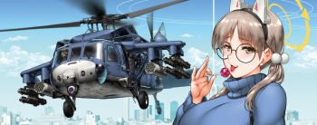Rule 34 | agm-114 hellfire, air-to-surface missile, aircraft, alternate breast size (larger), animal ears, anti-tank guided missile, anti-tank missile, attack helicopter, blue archive, blue sweater, breasts, brown hair, city, cityscape, closed mouth, cloud, cloudy sky, commentary request, day, doll, fake animal ears, flying, glasses, halo, helicopter, henshako, highres, holding, holding doll, huge breasts, hydra 70, long hair, long sleeves, looking at viewer, military vehicle, missile, moe (blue archive), multiple views, precision-guided munition, ring of light (blue archive), sky, sweater, tongue, tongue out, uh-60 blackhawk, upper body, yellow halo