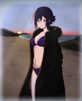 1girl absurdres alternate_costume beach bikini chainsaw_man closed_mouth coat commentary english_commentary evening fur_coat green_eyes hair_bun highres horizon mothdropcrowla navel ocean outdoors purple_bikini purple_hair reze_(chainsaw_man) sand shore short_hair sky solo standing swimsuit twitter_username winter_clothes winter_coat