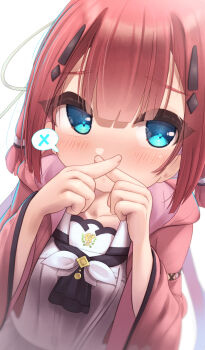 1girl ascot black_ascot blue_eyes blunt_bangs blush collarbone covered_mouth covering_privates dutch_angle eyelashes gesture hair_between_eyes hair_ornament hairclip hands_up highres hood japanese_clothes kamiyama_shiki kimono long_sleeves looking_at_viewer medium_hair open_clothes open_kimono oren_(770len) red_hair sailor_collar shirt shy solo speech_bubble summer_pockets tassel twintails upper_body white_background white_shirt wide_sleeves x_fingers x_fingers_over_mouth