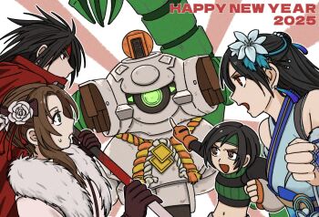 1boy 2025 3girls aerith_gainsborough aerith_gainsborough_(festive_crimson_attire) black_hair breasts brown_eyes brown_gloves brown_hair chinese_clothes clenched_hand cloak crop_top detached_sleeves earrings fighting_stance final_fantasy final_fantasy_vii final_fantasy_vii_ever_crisis fingerless_gloves flower fur-trimmed_kimono fur_trim gloves green_eyes green_headband green_shirt hair_flower hair_ornament half_updo hanfu happy_new_year headband holding holding_staff japanese_clothes jewelry kimono lily_(flower) medium_breasts midriff multiple_girls navel new_year official_alternate_costume open_mouth orange_gloves parted_bangs red_cloak red_eyes red_headband robot rope rose s_m_man shirt sidelocks single_shoulder_pad staff tassel tassel_earrings tifa_lockhart tifa_lockhart_(festive_blue_daffodil_attire) updo upper_body vincent_valentine white_flower white_hanfu white_kimono white_rose yuffie_kisaragi