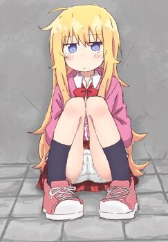 1girl black_socks blonde_hair blue_eyes blush bow bowtie cameltoe closed_mouth collared_shirt cross-laced_shoes female_focus full_body gabriel_dropout gabriel_tenma_white grey_background half-closed_eyes jacket jitome knees_together_feet_apart knees_up large_variant_set loli long_hair long_sleeves looking_at_viewer miniskirt on_floor panties pigeon-toed pink_jacket plaid_clothes plaid_skirt pleated_skirt ponnu_(tnpn2yw) red_bow red_bowtie red_shoes red_skirt shirt shoes sidelocks sitting skirt socks solo tile_floor tiles underwear variant_set white_panties white_shirt