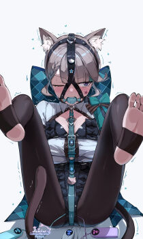 1girl animal_ear_fluff animal_ears ball_gag bdsm bilingual_commentary black_leotard black_pantyhose bondage bound bound_arms breasts cat_ears cat_girl cat_tail commentary controller crotch_rope drooling egg_vibrator english_commentary female_focus forced_orgasm gag gag_harness gagged genshin_impact grey_hair highres legs_up leotard liclac lynette_(genshin_impact) mixed-language_commentary no_shoes one_eye_closed pantyhose purple_eyes remote_control saliva saliva_on_breasts saliva_trail sex_toy short_hair simple_background small_breasts soles solo star_(symbol) star_sticker sticker stirrup_legwear tail teeth toeless_legwear toes trembling vibrator vibrator_under_clothes white_background