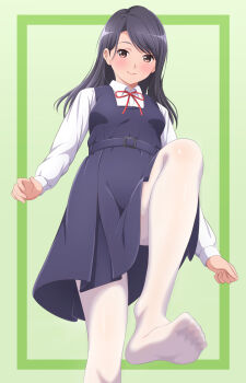 1girl akippoi_0919 black_hair brown_eyes dress highres neck_ribbon original pantyhose pinafore_dress ribbon school_uniform skirt sleeveless sleeveless_dress suspender_skirt suspenders white_pantyhose