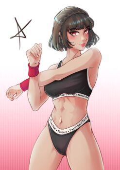 1girl absurdres black_bra black_sports_bra black_sports_panties bra braid brown_eyes brown_hair clothes_writing commentary english_commentary gradient_background half_crown_braid highres looking_at_viewer niijima_makoto persona persona_5 pink_lips red_draws5 short_hair sports_bra sports_panties underwear wristband