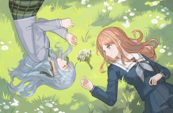 Rule 34 | 2girls, artist request, bang dream!, bang dream! it's mygo!!!!!, black ribbon, blazer, blue eyes, blue hair, blue serafuku, blue shirt, blue skirt, bouquet, brown hair, bug, butterfly, chinese commentary, closed eyes, closed mouth, commentary request, commission, flower, grass, grey jacket, grey neckerchief, hair ribbon, hand up, haneoka school uniform, highres, insect, jacket, long hair, long sleeves, looking at another, lying, multiple girls, nagasaki soyo, neckerchief, on back, on ground, on side, outdoors, plaid clothes, plaid skirt, pleated skirt, profile, ribbon, rotational symmetry, school uniform, second-party source, serafuku, shirt, sidelocks, skirt, sleeping, smile, togawa sakiko, tsukinomori school uniform, two side up, upside-down, white flower, winter uniform