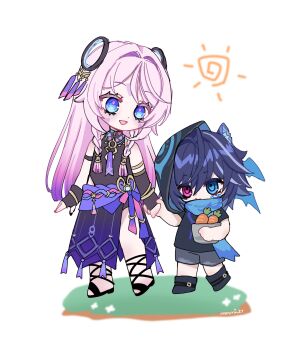 1boy 1girl absurdres aged_down animal_ears armlet artist_name asymmetrical_gloves bag bare_shoulders bat_ears bat_wings black_footwear black_gloves black_hair black_hood black_nails black_shirt blue_bow blue_eyes blue_gemstone blue_scarf blunt_tresses bow bracelet braid carrot child citlali_(genshin_impact) cleavage_cutout clothing_cutout colored_eyelashes colored_inner_hair diorama elbow_gloves facial_mark feather_hair_ornament feathers fingerless_gloves floating_headgear fringe_trim gem genshin_impact gladiator_sandals gloves gold gradient_bow gradient_hair grandmother_and_grandson grey_shorts hair_between_eyes hair_intakes hair_ornament hair_rings hair_tubes half-skirt heterochromia highres hip_vent holding holding_bag holding_hands jewelry long_hair long_skirt looking_at_another looking_down looking_up multicolored_bow multicolored_hair nail_polish narurin21 on_grass open_mouth ororon_(genshin_impact) paper_bag pink_bow pink_hair pink_pupils purple_hair purple_skirt red_eyes ringed_eyes sandals scarf shirt shoes shorts side_slit sidelocks skirt sleeveless leotard sleeveless_turtleneck_leotard smile streaked_hair sun t-shirt triangle triangle_facial_mark triangle_mouth triangle_print twin_braids vision_(genshin_impact) white_background white_hair wings