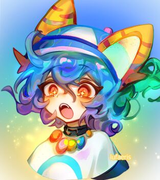 +_+ 1girl animal_ears black_choker blue_hair choker closed_mouth cloud_(lufaeris) commentary cropped_shoulders english_commentary fake_animal_ears gradient_background gradient_hair hair_between_eyes jewelry light_particles multicolored_hair necklace orange_eyes original short_hair solo surprised