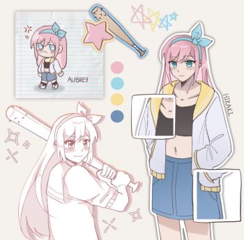 1girl aoihiraki aubrey_(faraway)_(omori) aubrey_(omori) baseball_bat blue_eyes blue_hairband blue_skirt blush character_name chibi closed_mouth collarbone commentary crop_top denim denim_skirt double-parted_bangs english_commentary hair_between_eyes hairband holding holding_baseball_bat jacket long_hair long_sleeves looking_at_viewer nail_(hardware) nail_bat navel omori pink_hair short-sleeved_jacket short_sleeves sidelocks skirt smile solo white_jacket