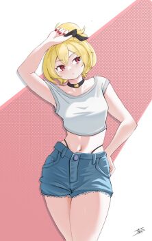 1girl arm_up black_bow black_choker blonde_hair blue_shorts bow breasts choker closed_mouth cowboy_shot crop_top denim denim_shorts felt_(re:zero) hair_bow hand_on_own_hip highleg highleg_panties highres looking_to_the_side miarin141 midriff nail_polish navel panties panty_straps re:zero_kara_hajimeru_isekai_seikatsu red_eyes red_nails shirt short_hair short_shorts short_sleeves shorts signature solo thighs underwear virtual_youtuber white_shirt
