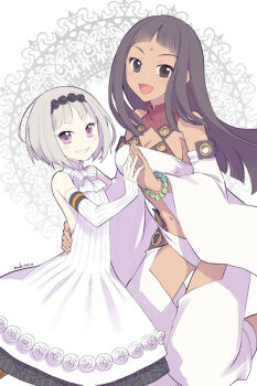 2girls :d artist_name bad_id bad_pixiv_id beads bindi black_eyes black_hair blush_stickers bow breasts child cleavage cyda_afrarn dark-skinned_female dark_skin dated detached_sleeves dress gloves grey_hair grin hand_on_back headband long_hair looking_at_viewer lu multiple_girls navel nomoc open_mouth pants purple_eyes short_hair smile strapless summon_night summon_night_2 summon_night_5 tube_top white_background white_dress