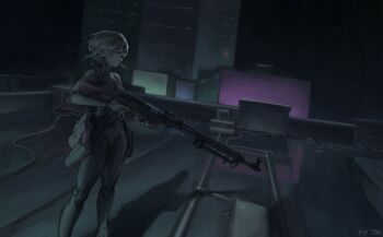 Rule 34 | 1girl, android, artist name, breasts, building, cigarette, city lights, cityscape, commentary, dark, dated, dutch angle, feet out of frame, floating hair, gun, hair ornament, hairclip, handgun, highres, holding, holding gun, holding weapon, holster, holstered, looking afar, marie (peripeteia), mechanical arms, mechanical legs, night, on rooftop, painterly, peripeteia, ptrs-41, short hair, sidelighting, skyscraper, small breasts, smoking, solo, taco xd69, thigh holster, trigger discipline, weapon, wide shot, wind