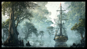 assassin's_creed_(series) assassin's_creed_iv:_black_flag cloud cloudy_sky commentary english_commentary flock forest lake landscape nature painterly plant_roots raphael-lacoste reflection reflective_liquid sailing_ship scenery signature sky tree water wetland