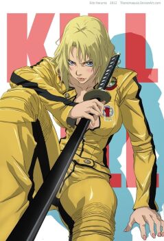 Rule 34 | 1girl, arm support, beatrix kiddo, blonde hair, blue eyes, breasts, huge breasts, jacket, jumpsuit, katana, kill bill, neomechanica, short hair, sword, twitter, weapon, yellow jacket