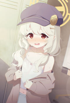 1girl akiyuki_nagi aoba_(blue_archive) bare_shoulders blonde_hair blue_archive blue_hat blush bow_camisole box camisole cardboard_box collarbone flat_chest fluffy_hair grey_shirt grey_skirt hair_ornament hairclip halo hat highres indoors locker locker_room loli long_hair long_sleeves looking_at_viewer low_twintails midriff navel newsboy_cap nose_blush open_clothes open_mouth open_shirt parted_lips peaked_cap raised_eyebrows red_eyes shirt skirt solo standing sweat tareme twintails undressing wavy_hair wavy_mouth white_camisole yellow_halo