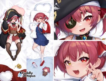 Rule 34 | 1girl, aged down, alternate costume, animal costume, ascot, backpack, bag, bare shoulders, bear costume, black hat, black thighhighs, blue gem, blue skirt, chibi, choker, close-up, coin, cosplay, covered navel, crime prevention buzzer, cropped jacket, dakimakura (medium), eyepatch, fang, flat chest, frilled choker, frills, full body, gem, gloves, gold coin, gold skull, hat, heterochromia, hololive, houshou kumarine, houshou marine, houshou marine (1st costume), kneehighs, leotard, leotard under clothes, looking at viewer, lying, multiple views, nyatrix, on back, on bed, on side, one shoe removed, open mouth, pillow, pirate hat, randoseru, red ascot, red bag, red eyes, red hair, red ribbon, red skirt, ribbon, school uniform, see-through clothes, see-through leotard, shigure ui (vtuber) (cosplay), shoes, short twintails, single shoe, skin fang, skirt, skull, skull cup, sleeveless, sleeveless jacket, sleeves past fingers, sleeves past wrists, smile, socks, stuffed animal, stuffed toy, thighhighs, twintails, unworn shoes, v, virtual youtuber, white gloves, white socks, yellow eyes