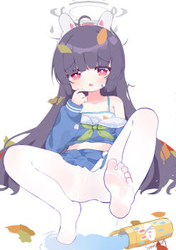1girl absurdres ahoge artist_name blue_archive blue_serafuku bottle feet foot_focus green_neckerchief grey_hair grey_halo hair_ornament halo hand_on_own_chin highres leaf leaf_hair_ornament loli long_hair miyu_(blue_archive) neckerchief pantyhose rabbit_hair_ornament red_eyes school_uniform serafuku solo sparerib- water water_bottle white_pantyhose